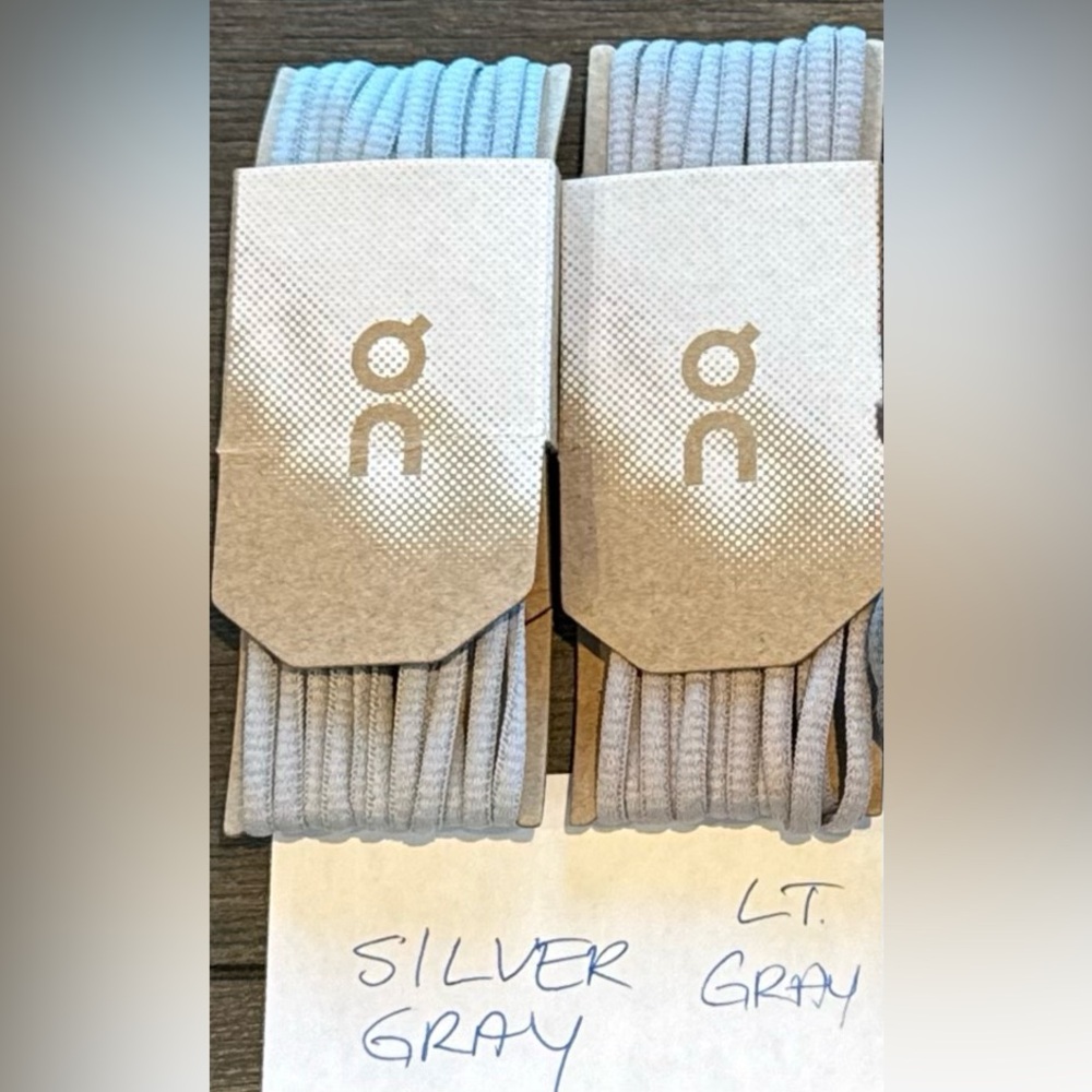 2 PAIRS OF NEW ON CLOUD 58” SHOE LACES “PUT ME ON" - COLOR SILVER GRAY & LT GRAY